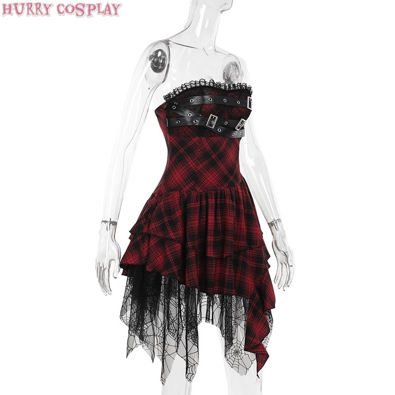 Halloween,Sexy,Halloween red plaid tube top sexy dress